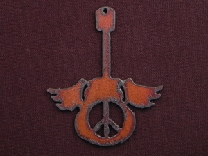 Rusted Iron Guitar With Wings And Peace Cut Out Pendant